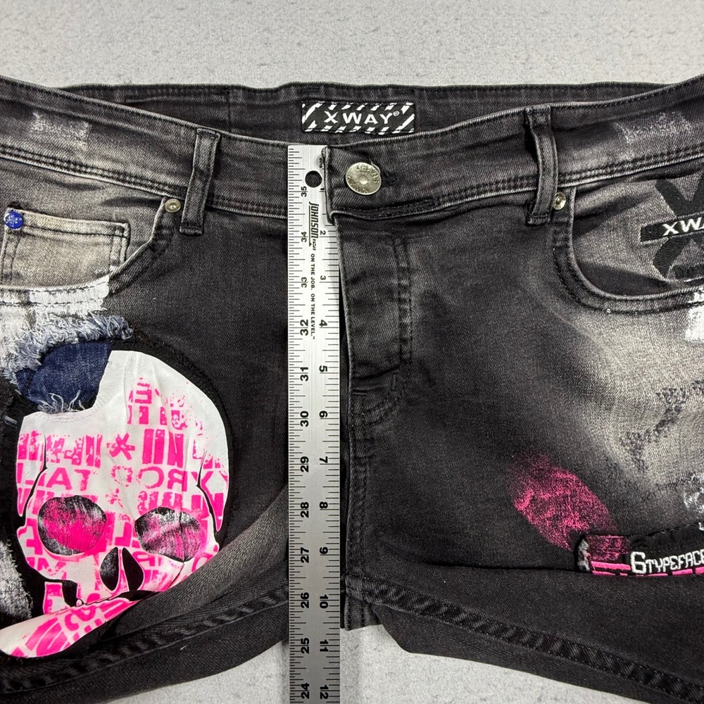 XWAY Mens Black Denim Jeans Pink Skull Cyber Grotesk Distressed Streetwear 36 - Picture 7 of 10